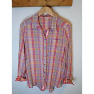 Sundance Purple Pink Plaid Button Shirt Floral Cuffs Cotton Small Preppy Boho